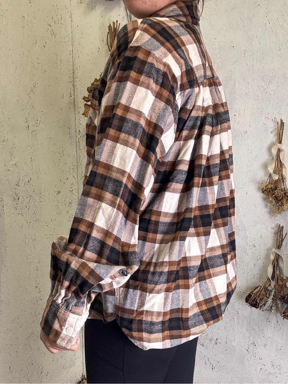 Aerie Cozy Flannel Brown Orange Oversized Button Down Size Small - Picture 2 of 6